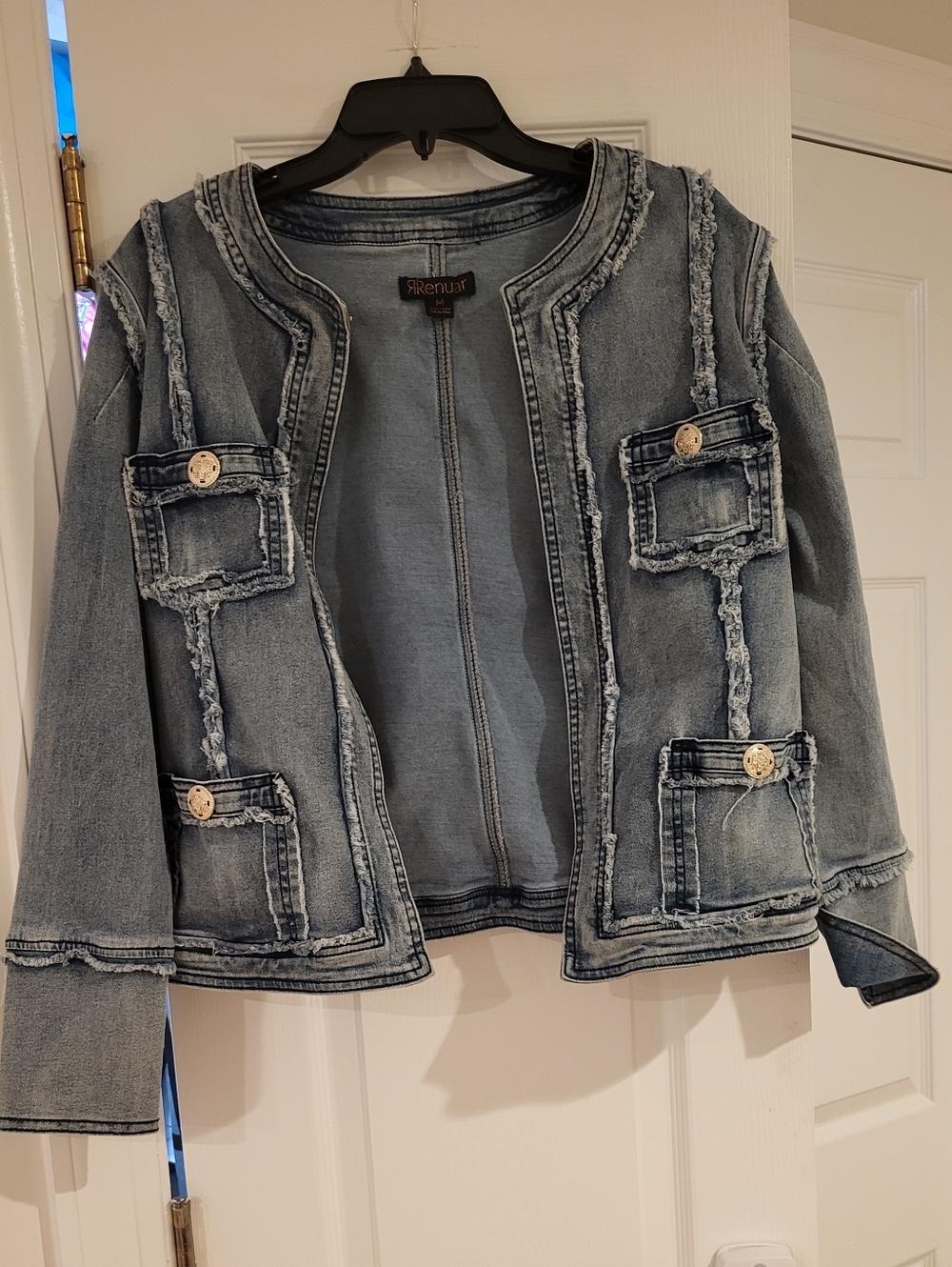 Renuar Distressed Light Wash Denim Jacket with Patch Pockets - Blue
